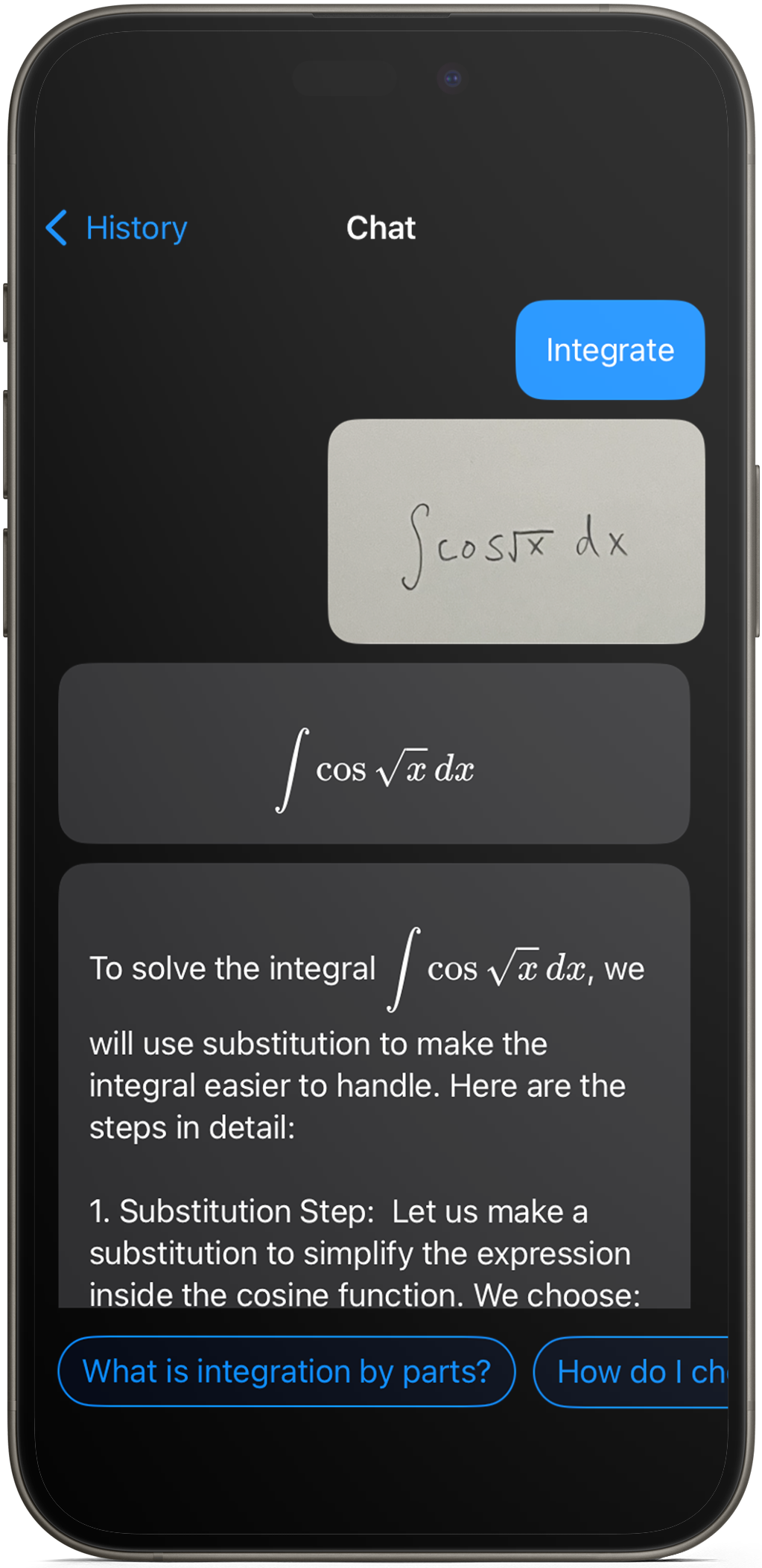 Phone showing math equation solution AI chat